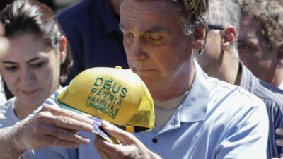 Former Brazilian president Jair Bolsonaro leaves the DF Star Hospital in Brasilia on May 4, 2025, where he was hospitalized for 22 days following stomach surgery due to adhesions that formed as a result of the stab wound he received during the 2018 election campaign.