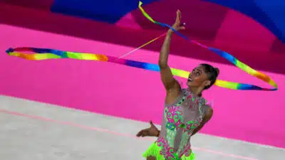Bárbara Domingos (Brasil), na competição individual da ginástica rítmica dos Jogos Pan-Americanos Lima 2019. Local: Polideportivo Villa El Salvador, em Lima (Peru). Data: 03.08.2019. Crédito obrigatório: Abelardo Mendes Jr/ rededoesporte.gov.br