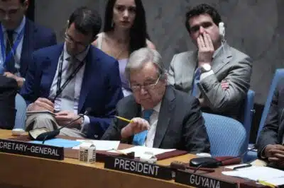UN Secretary General Antonio Guterres looks on during a United Nations Security Council emergency meeting in New York on June 22, 2025, one day after US strikes on Iranian nuclear facilities. Guterres warned against yet 