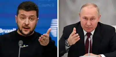 (COMBO) This combination of file pictures created on February 13, 2023 shows Ukraininan President Volodymyr Zelensky giving a press conference as part of a EU summit in Brussels, on February 9, 2023 and Russian President Vladimir Putin chairing a meeting with secretaries of foreign security councils at the Kremlin in Moscow on February 8, 2023. (Photo by Ludovic MARIN and Grigory SYSOYEV / various sources / AFP)