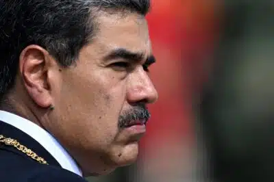 Venezuela's President Nicolas Maduro gestures during a ceremony at Fort Tiuna military base within the presidential inauguration in Caracas on January 10, 2025. Maduro, in power since 2013, took the oath of office for a third term despite a global outcry that brought thousands out in protest on the ceremony's eve. (Photo by Juan BARRETO / AFP)