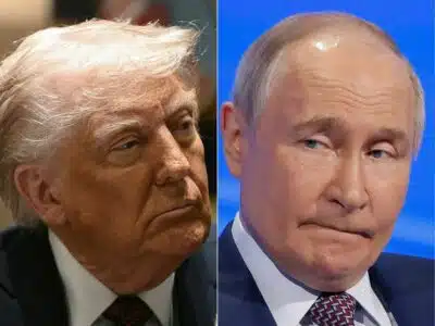 (COMBO) This combination of pictures created on March 30, 2025 shows US President Donald Trump at the White House on March 24, 2025, in Washington, DC and Russian President Vladimir Putin in Moscow on March 18, 2025. Trump on March 30, 2025, said he was 