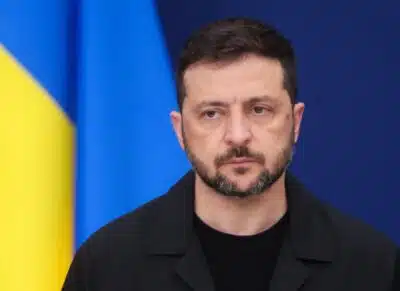 Brussels (Belgium), 17/08/2025.- Ukrainian President Volodymyr Zelensky speaks during a press conference with European Commission President Ursula von der Leyen (not pictured) after their meeting in Brussels, Belgium, 17 August 2025. (Bélgica, Ucrania, Bruselas) EFE/EPA/OLIVIER HOSLET