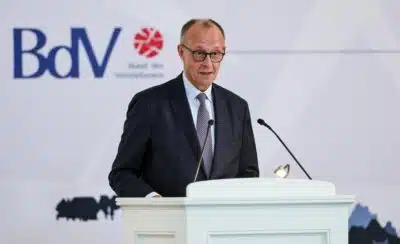 STUTTGART (Germany), 05/08/2025.- German Chancellor Friedrich Merz speaks during a ceremony of '75th anniversary of the Charter of German Expellees - Homeland Day 2025' in Stuttgart, Germany, 05 August 2025. (Alemania) EFE/EPA/RONALD WITTEK