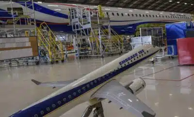 View of a hangar of the Brazilian aircraft manufacturer Embraer showing an E195-E2 jet under construction, in Sao Jose dos Campos, some 90 km north of Sao Paulo, Brazil, on May 30, 2022. (Photo by NELSON ALMEIDA / AFP)