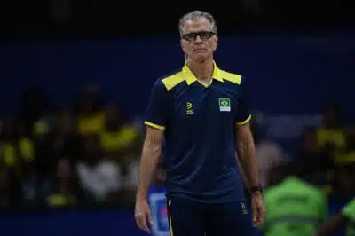 Brazil's coach Bernardinho looks on during the FIVB Volleyball Men's Nations League match between Brazil and Argentina at the Maracanazinho gymnasium in Rio de Janeiro, Brazil, on May 23, 2024. (Photo by MAURO PIMENTEL / AFP)
