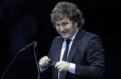 Argentina's President Javier Milei participates in the closing session of the Madrid Economic Forum, an event sponsored by a cryptocurrency platform, in Madrid on June 8, 2025. (Photo by OSCAR DEL POZO / AFP)