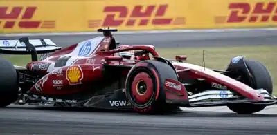 Ferrari's Monegasque driver Charles Leclerc competes during the qualifying session of the Formula One Hungarian Grand Prix at the Hungaroring circuit in Mogyorod, near Budapest, Hungary, on August 2, 2025. (Photo by Attila KISBENEDEK / AFP)