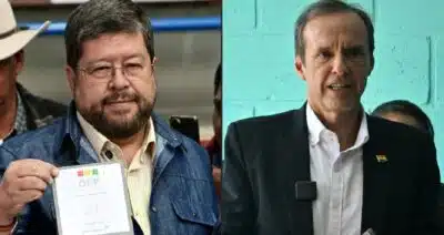 (COMBO) This combination of pictures created on August 17, 2025 shows Bolivia's presidential candidate for the Alianza Unidad coalition, Samuel Doria Medina (L), voting at a polling station in the Franco Boliviano school during the presidential election in La Paz on August 17, 2025, and Former Bolivian president and presidential candidate for the 